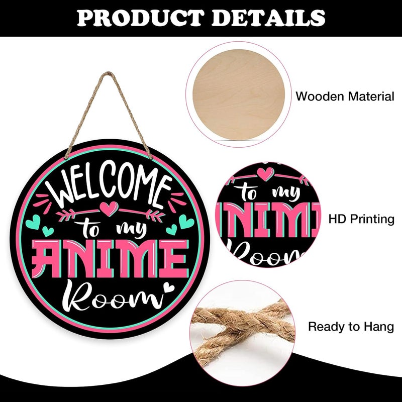 Bolisom Welcome to My Anime Room Front Door Sign, Anime Lovers Wood Door Hanger Girl Bedroom Decor, Funny Wooden Wreath Indoor Home Living Room Wall Hanging Decoration - Image 3